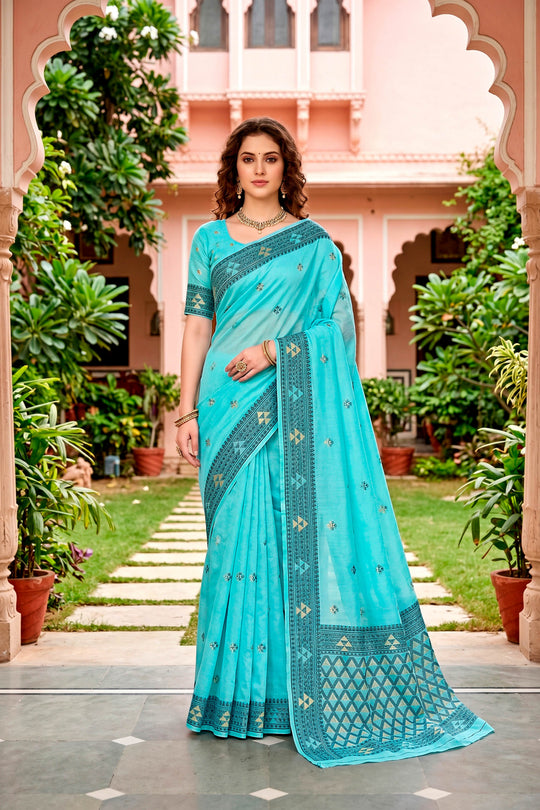 Teal Blue Cotton Blend Woven Work Traditional Saree