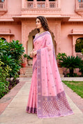 Pink Cotton Blend Woven Work Traditional Saree