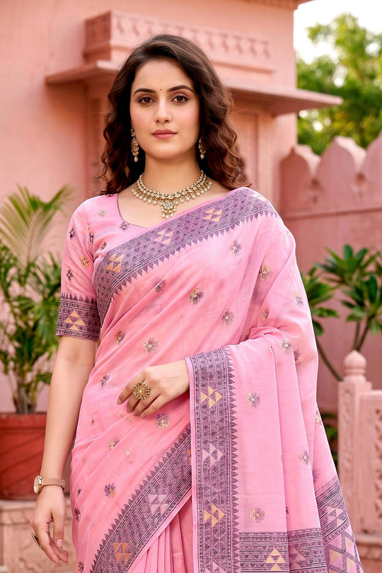 Pink Cotton Blend Woven Work Traditional Saree