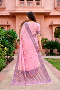 Pink Cotton Blend Woven Work Traditional Saree