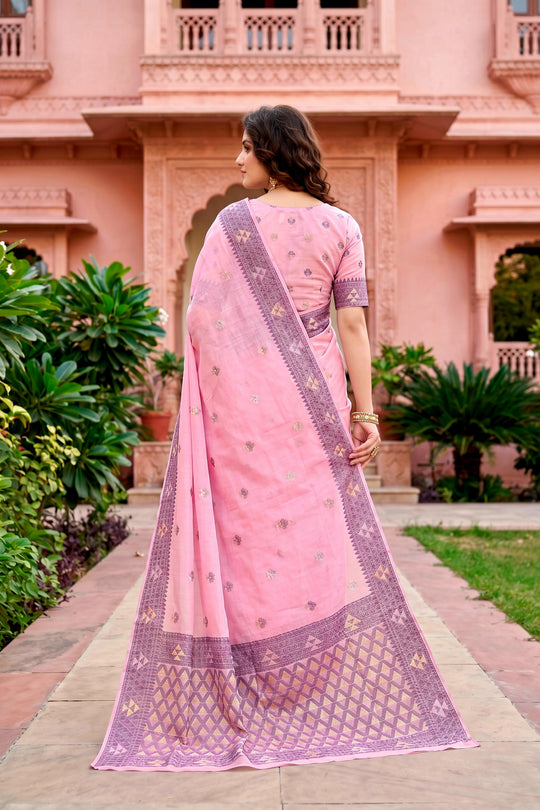 Pink Cotton Blend Woven Work Traditional Saree