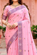 Pink Cotton Blend Woven Work Traditional Saree