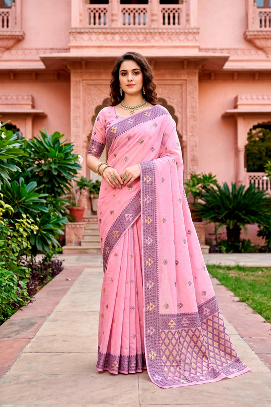 Pink Cotton Blend Woven Work Traditional Saree