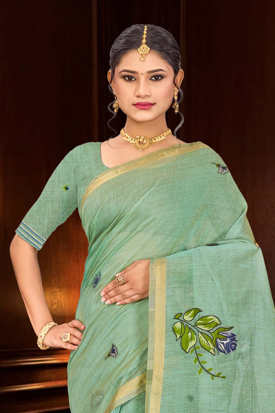 Mint Green Cotton Blend Woven Work Traditional Saree