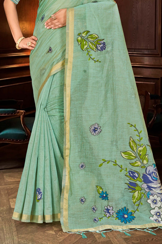 Mint Green Cotton Blend Woven Work Traditional Saree