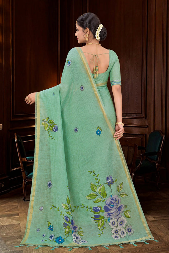 Mint Green Cotton Blend Woven Work Traditional Saree