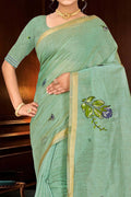 Mint Green Cotton Blend Woven Work Traditional Saree