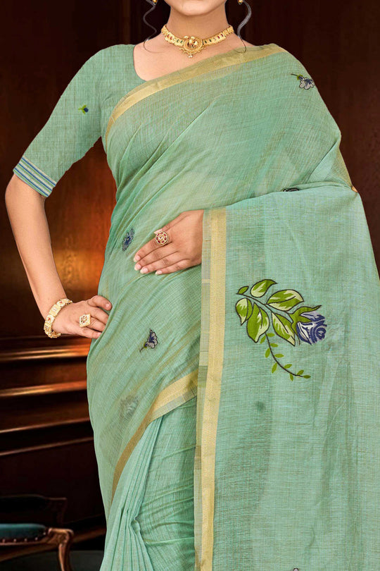 Mint Green Cotton Blend Woven Work Traditional Saree