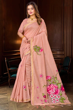 Dusty Peach Cotton Blend Woven Work Traditional Saree