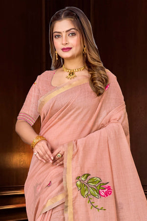 Dusty Peach Cotton Blend Woven Work Traditional Saree