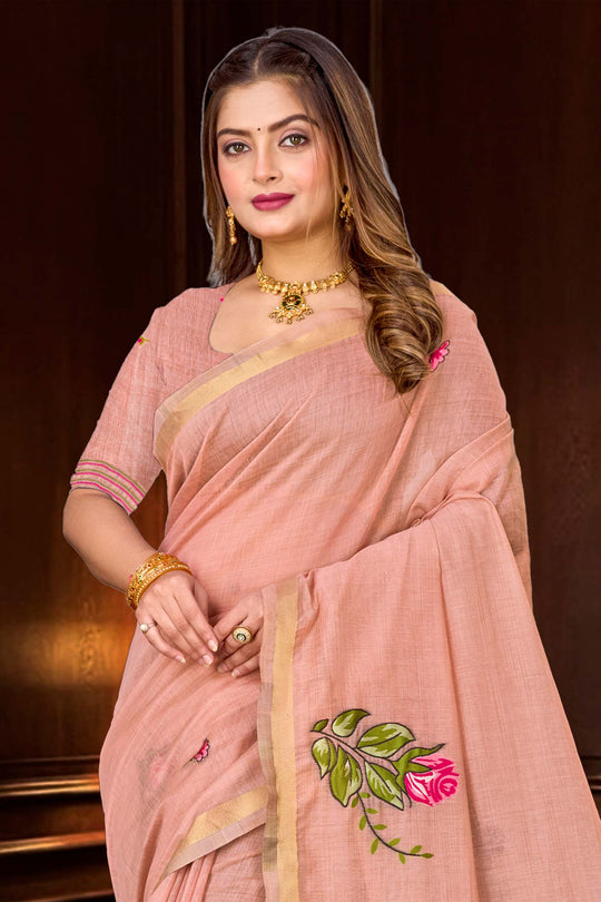 Dusty Peach Cotton Blend Woven Work Traditional Saree