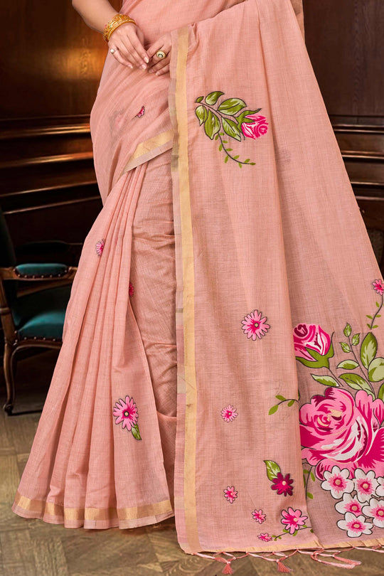 Dusty Peach Cotton Blend Woven Work Traditional Saree
