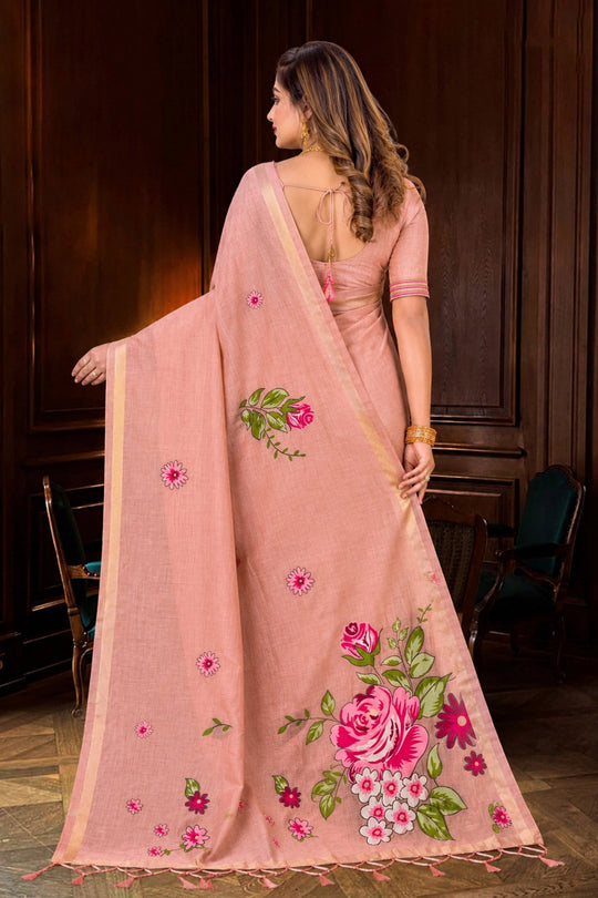 Dusty Peach Cotton Blend Woven Work Traditional Saree