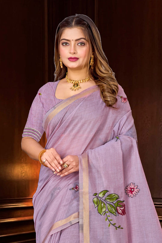 Lavender Cotton Blend Woven Work Traditional Saree