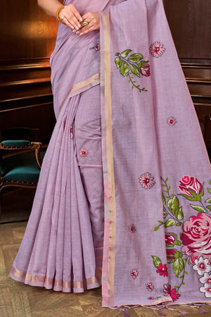 Lavender Cotton Blend Woven Work Traditional Saree