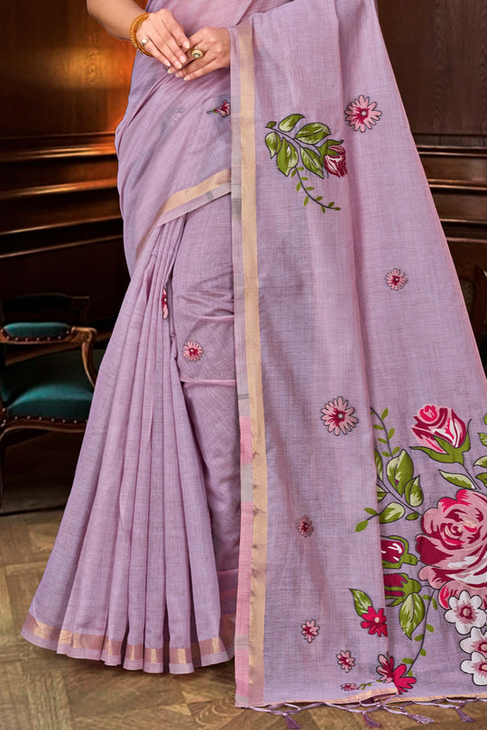 Lavender Cotton Blend Woven Work Traditional Saree