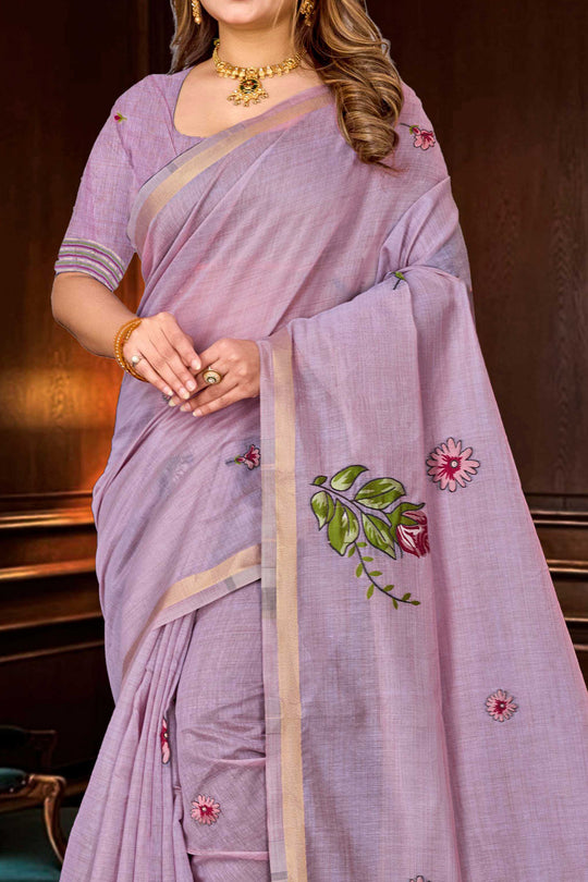 Lavender Cotton Blend Woven Work Traditional Saree