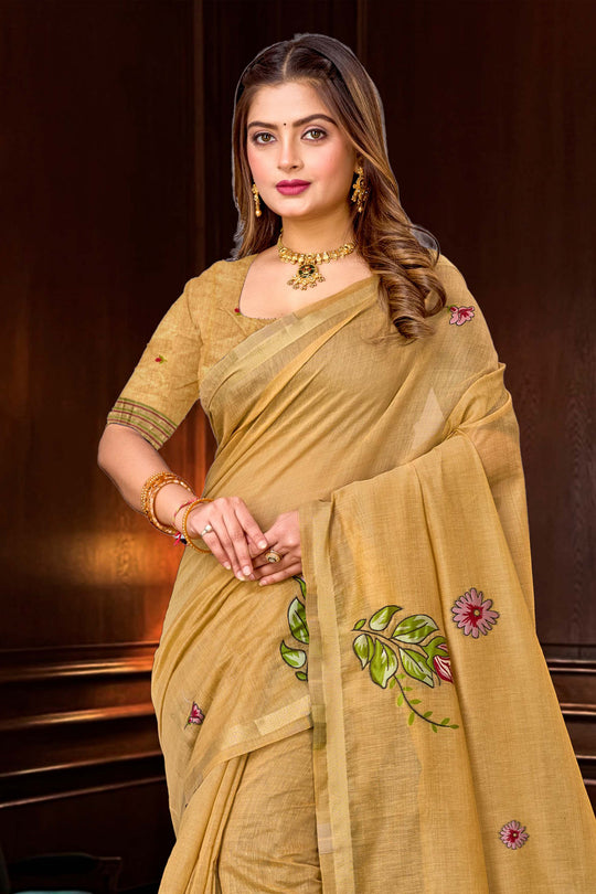 Beige Gold Cotton Blend Woven Work Traditional Saree