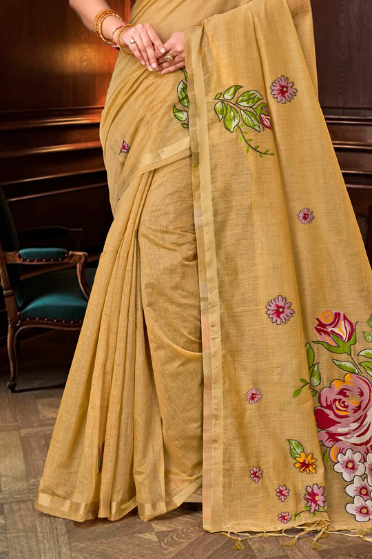 Beige Gold Cotton Blend Woven Work Traditional Saree