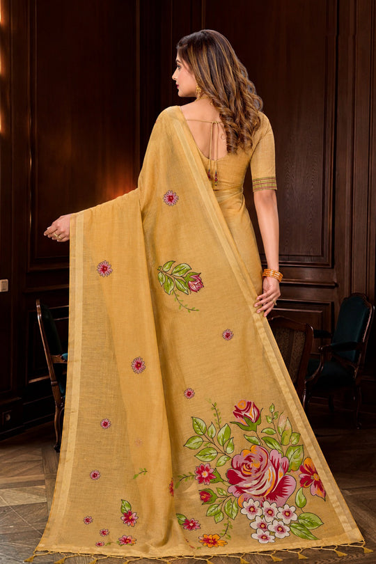 Beige Gold Cotton Blend Woven Work Traditional Saree