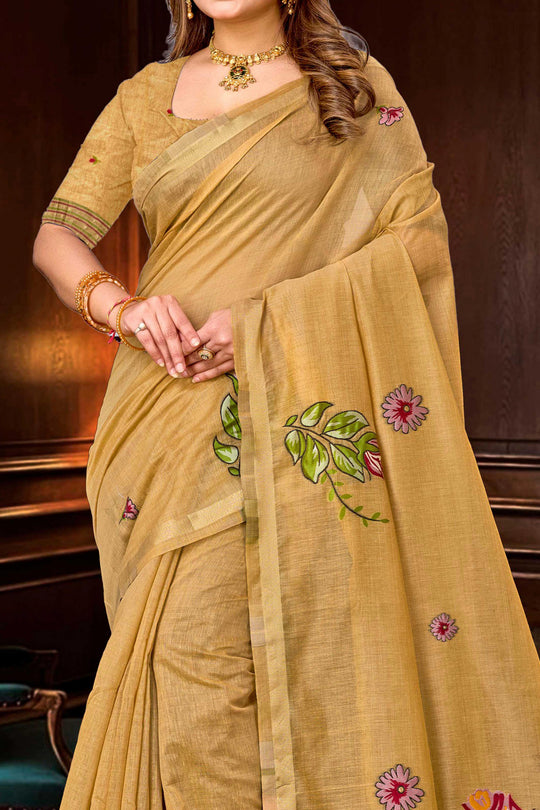 Beige Gold Cotton Blend Woven Work Traditional Saree