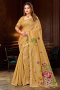 Beige Gold Cotton Blend Woven Work Traditional Saree