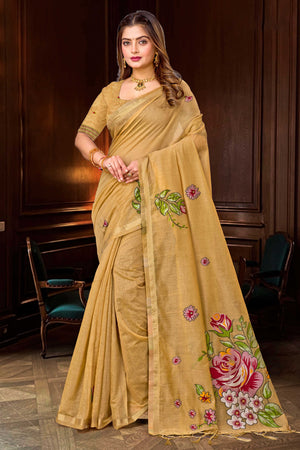 Beige Gold Cotton Blend Woven Work Traditional Saree