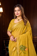 Haldi Yellow Cotton Blend Woven Work Traditional Saree