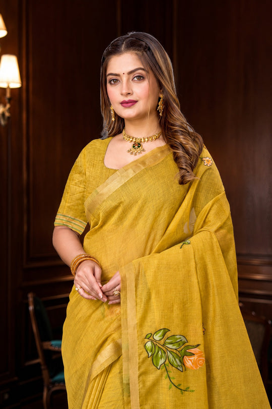 Haldi Yellow Cotton Blend Woven Work Traditional Saree