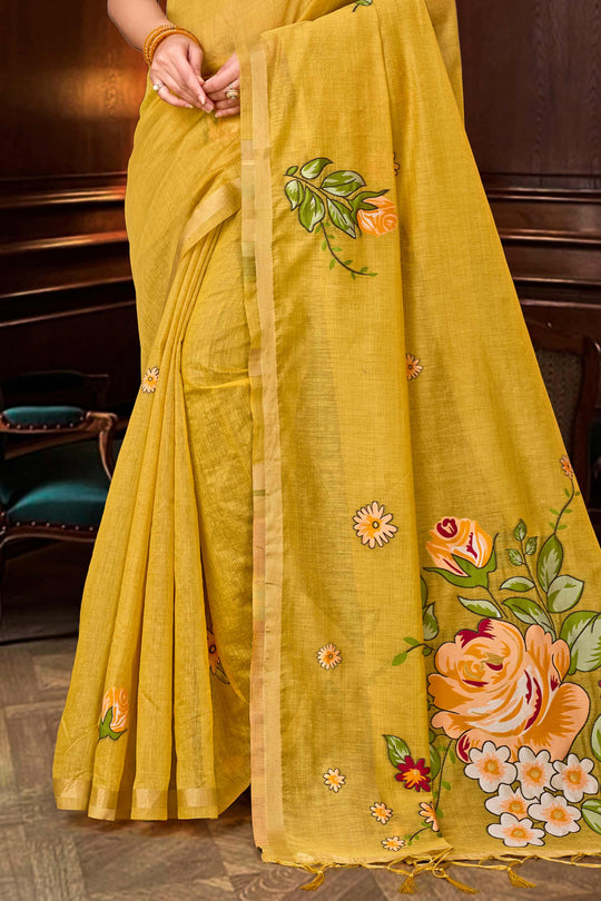 Haldi Yellow Cotton Blend Woven Work Traditional Saree