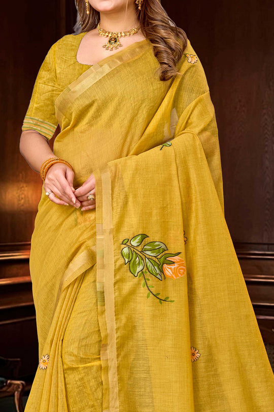 Haldi Yellow Cotton Blend Woven Work Traditional Saree