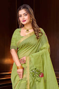 Green Cotton Blend Woven Work Traditional Saree