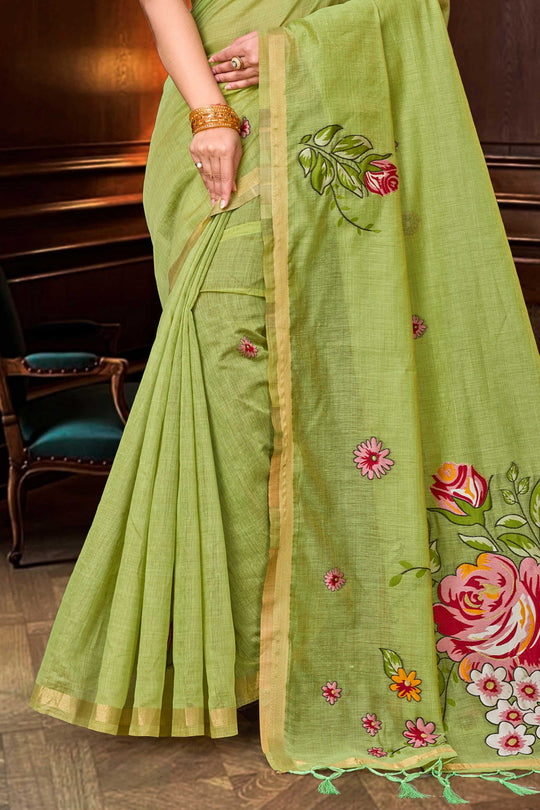 Green Cotton Blend Woven Work Traditional Saree