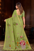 Green Cotton Blend Woven Work Traditional Saree