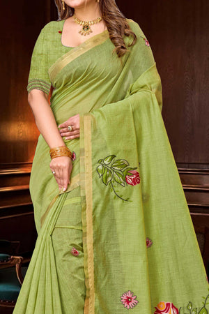 Green Cotton Blend Woven Work Traditional Saree