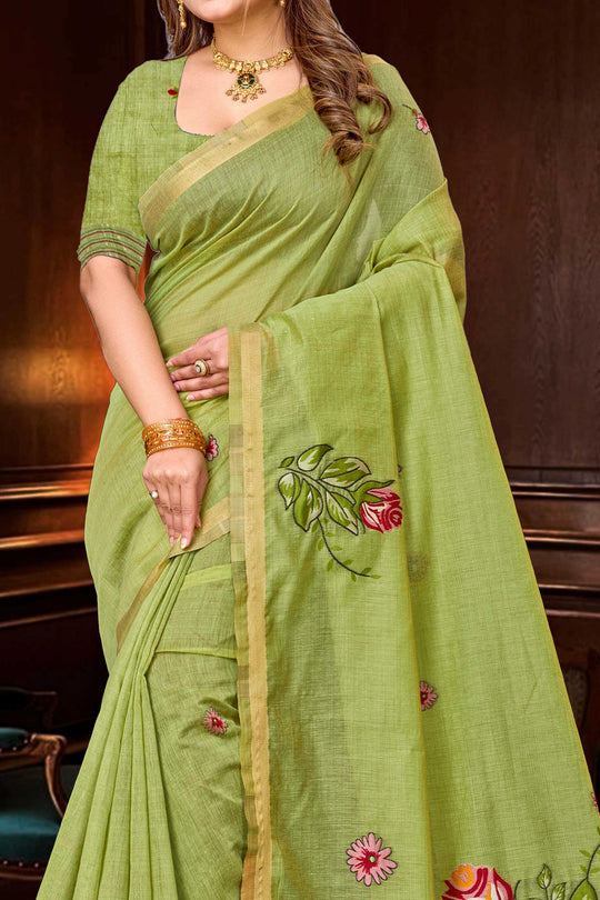 Green Cotton Blend Woven Work Traditional Saree