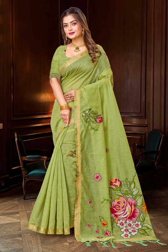 Green Cotton Blend Woven Work Traditional Saree
