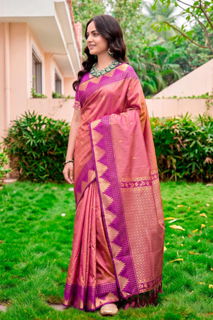 Rose Pink Silk Woven Work Traditional Saree