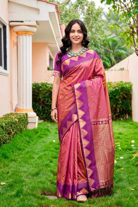 Rose Pink Silk Woven Work Traditional Saree