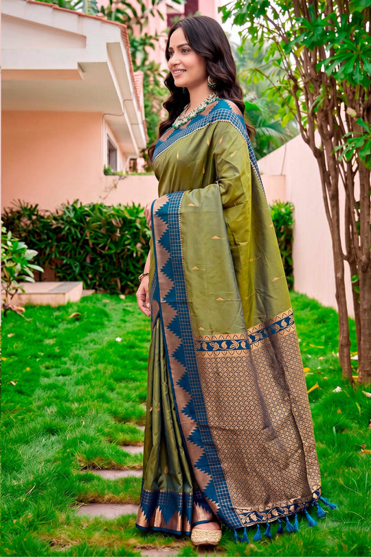 Olive Green Silk Woven Work Traditional Saree