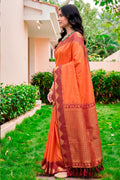 Bright Orange Silk Woven Work Traditional Saree