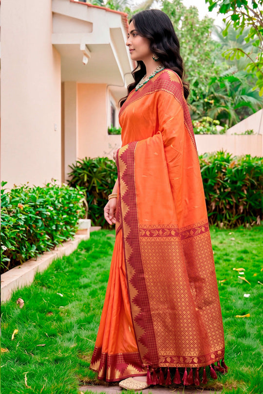 Bright Orange Silk Woven Work Traditional Saree