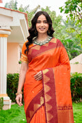 Bright Orange Silk Woven Work Traditional Saree