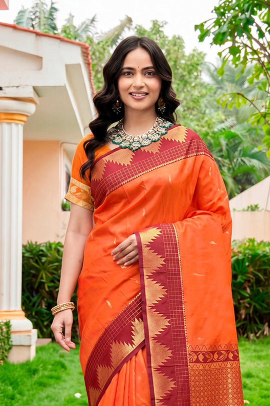 Bright Orange Silk Woven Work Traditional Saree