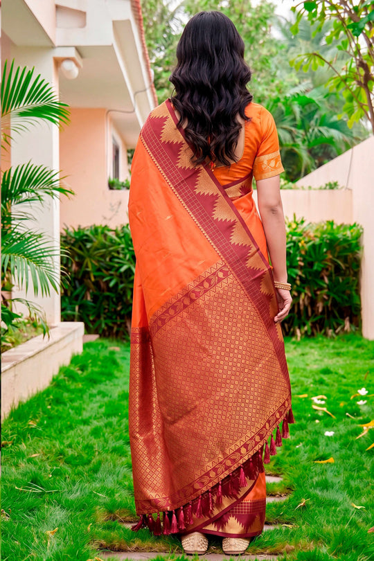 Bright Orange Silk Woven Work Traditional Saree