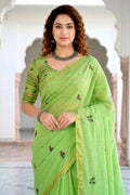 Parrot Green Cotton Blend Woven Work Traditional Saree
