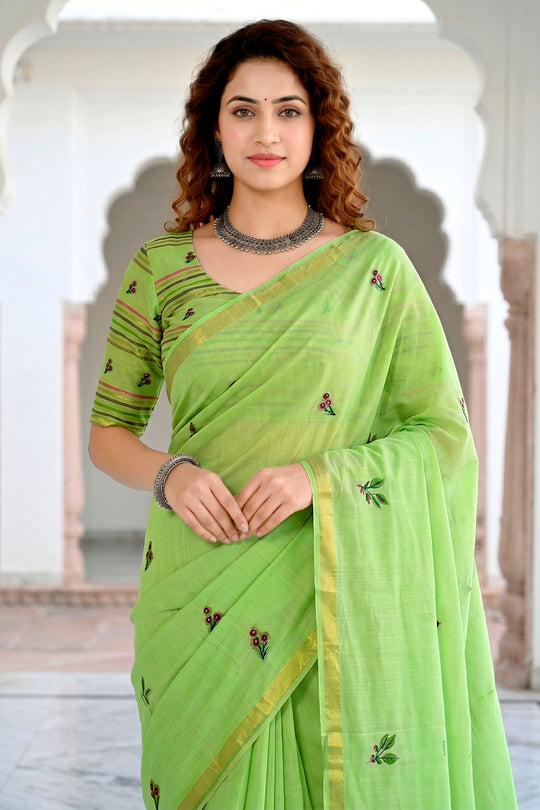 Parrot Green Cotton Blend Woven Work Traditional Saree