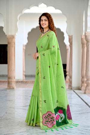 Parrot Green Cotton Blend Woven Work Traditional Saree