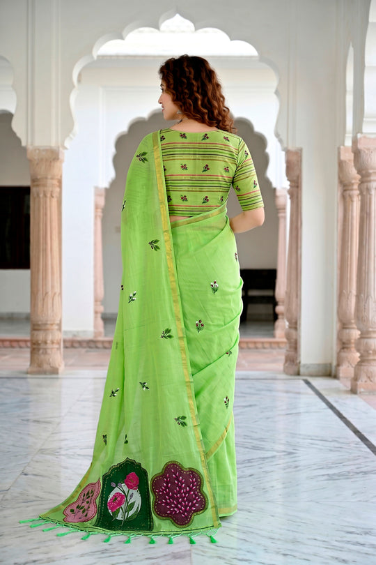 Parrot Green Cotton Blend Woven Work Traditional Saree