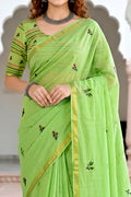 Parrot Green Cotton Blend Woven Work Traditional Saree